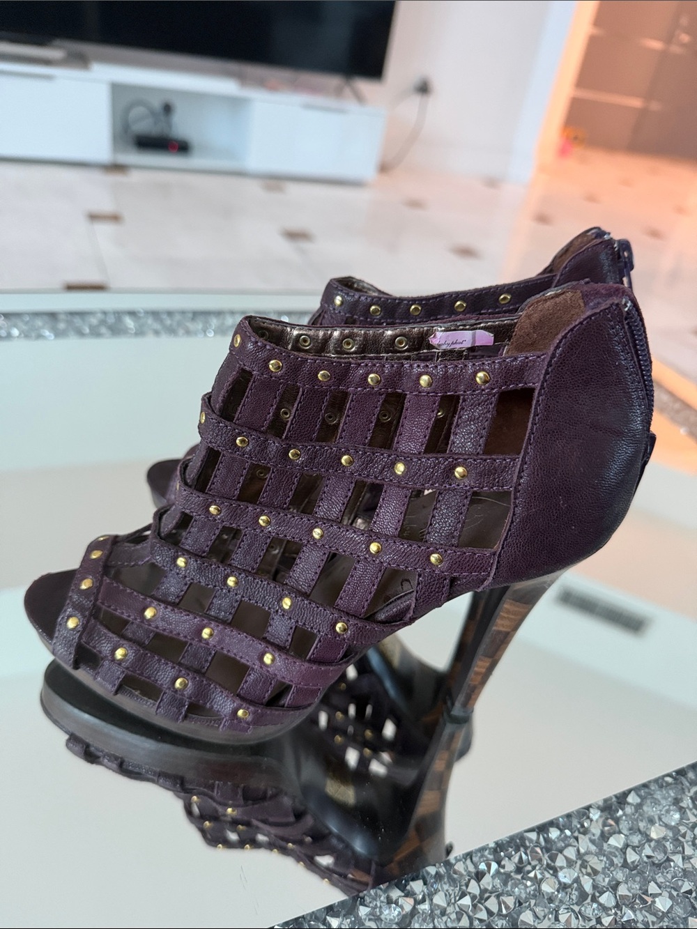 Baby Phat Deep Purple Studded Cage High Heel Sandals
